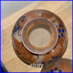 Paire De Vases Boule En Verre Peint Signé Fanus École De Nancy