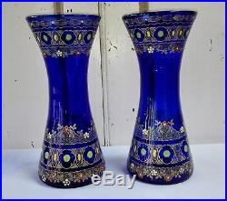 Paire De Vases En Verre Bleu Émaillé Legras Montjoye 1900 Art Nouveau