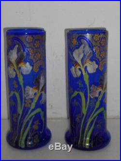 Paire De Vases En Verre Emailles Legras. Epoque Art Nouveau