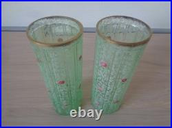 Paire De Vases Rouleau En Verre Emaille Decor Floral Legras