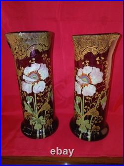 Paire (Fausse) De Vases Émaillé LEGRAS Décor Floral Art Nouveau