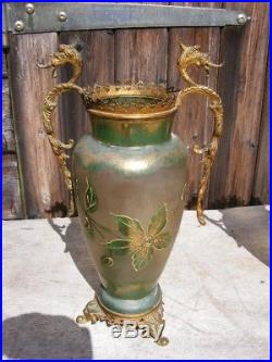 Paire Vases verre émaillé bronze doré aux chimères japonisant - Montjoie Legras