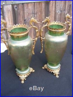 Paire Vases verre émaillé bronze doré aux chimères japonisant - Montjoie Legras