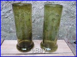 Paire d'anciens vase en verre émaillé Art Nouveau decor fleurs