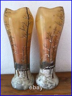 Paire d' anciens vases émaillés pincés décor forêt enneigée DLG LEGRAS vintage