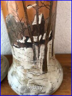 Paire d' anciens vases émaillés pincés décor forêt enneigée DLG LEGRAS vintage