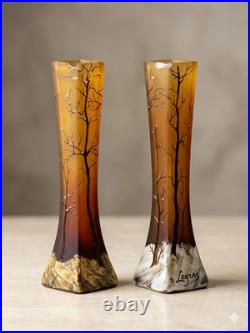 Paire de Vases Art Nouveau Émaillés Décor Forêt d'Hiver Legras