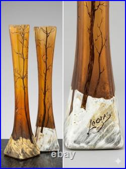 Paire de Vases Art Nouveau Émaillés Décor Forêt d'Hiver Legras