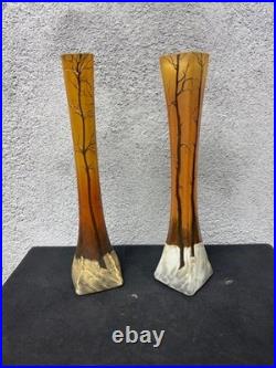 Paire de Vases Art Nouveau Émaillés Décor Forêt d'Hiver Legras