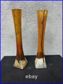Paire de Vases Art Nouveau Émaillés Décor Forêt d'Hiver Legras