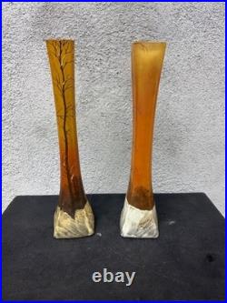 Paire de Vases Art Nouveau Émaillés Décor Forêt d'Hiver Legras