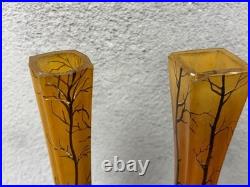 Paire de Vases Art Nouveau Émaillés Décor Forêt d'Hiver Legras