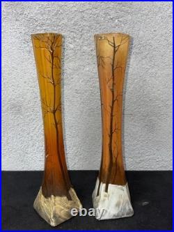 Paire de Vases Art Nouveau Émaillés Décor Forêt d'Hiver Legras