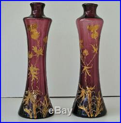 Paire de Vases Art-Nouveau Verre Améthyste Emaillé Chardons Or Jugendstil 1900