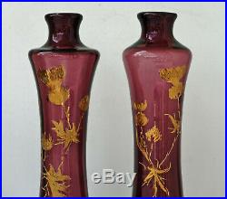 Paire de Vases Art-Nouveau Verre Améthyste Emaillé Chardons Or Jugendstil 1900