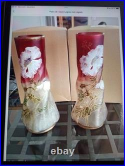 Paire de Vases Art Nouveau verre Vert émaillé Jonquilles LEGRAS