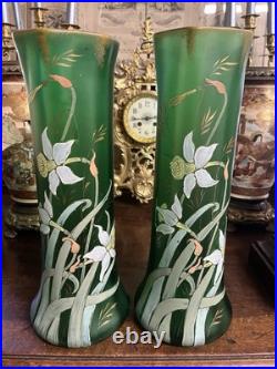Paire de Vases Art Nouveau verre Vert émaillé Jonquilles LEGRAS