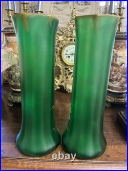 Paire de Vases Art Nouveau verre Vert émaillé Jonquilles LEGRAS