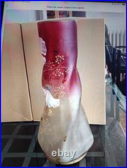 Paire de Vases Art Nouveau verre Vert émaillé Jonquilles LEGRAS