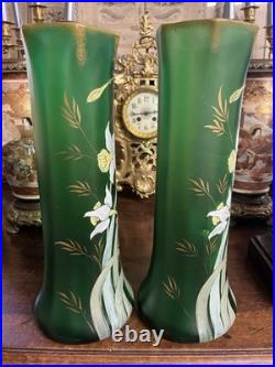 Paire de Vases Art Nouveau verre Vert émaillé Jonquilles LEGRAS