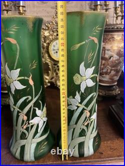 Paire de Vases Art Nouveau verre Vert émaillé Jonquilles LEGRAS