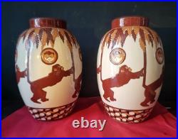 Paire de Vases Aux Singes Art Déco XXeme Belgique Keralouve La Louvière style