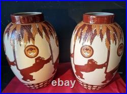 Paire de Vases Aux Singes Art Déco XXeme Belgique Keralouve La Louvière style
