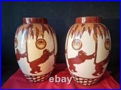 Paire de Vases Aux Singes Art Déco XXeme Belgique Keralouve La Louvière style