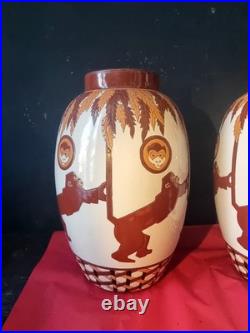 Paire de Vases Aux Singes Art Déco XXeme Belgique Keralouve La Louvière style