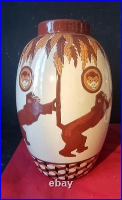 Paire de Vases Aux Singes Art Déco XXeme Belgique Keralouve La Louvière style