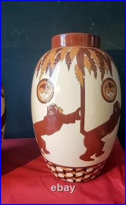 Paire de Vases Aux Singes Art Déco XXeme Belgique Keralouve La Louvière style