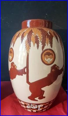 Paire de Vases Aux Singes Art Déco XXeme Belgique Keralouve La Louvière style