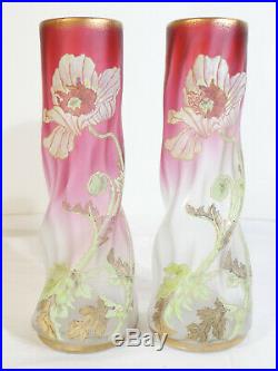 Paire de Vases LEGRAS ST DENIS en verre emaillé modele MUSSET décor aux Pavots