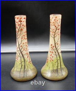 Paire de Vases anciens en verre Legras décor Peinture de paysage, H 21 cm