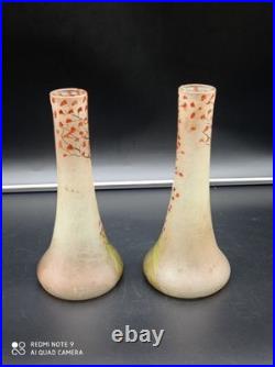 Paire de Vases anciens en verre Legras décor Peinture de paysage, H 21 cm