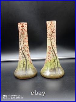 Paire de Vases anciens en verre Legras décor Peinture de paysage, H 21 cm