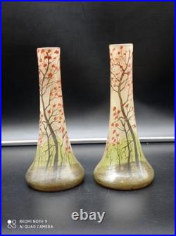 Paire de Vases anciens en verre Legras décor Peinture de paysage, H 21 cm
