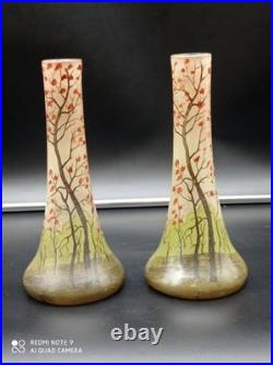 Paire de Vases anciens en verre Legras décor Peinture de paysage, H 21 cm