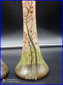 Paire de Vases anciens en verre Legras décor Peinture de paysage, H 21 cm