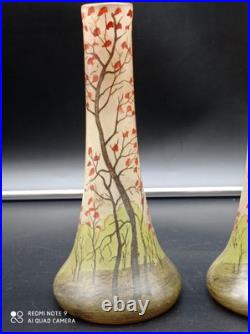 Paire de Vases anciens en verre Legras décor Peinture de paysage, H 21 cm