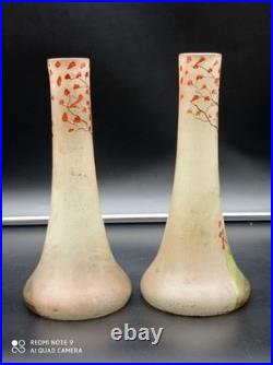Paire de Vases anciens en verre Legras décor Peinture de paysage, H 21 cm