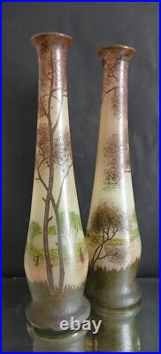 Paire de grand vase émaillé Legras art nouveau à décor paysage lacustre H 40 cm