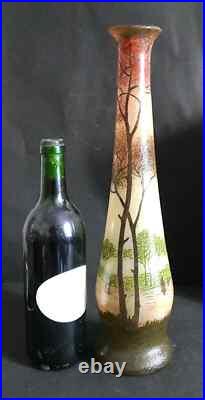 Paire de grand vase émaillé Legras art nouveau à décor paysage lacustre H 40 cm