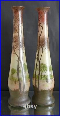 Paire de grand vase émaillé Legras art nouveau à décor paysage lacustre H 40 cm