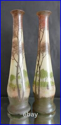Paire de grand vase émaillé Legras art nouveau à décor paysage lacustre H 40 cm