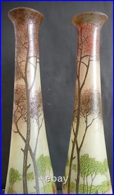 Paire de grand vase émaillé Legras art nouveau à décor paysage lacustre H 40 cm