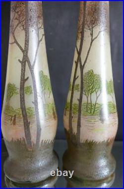 Paire de grand vase émaillé Legras art nouveau à décor paysage lacustre H 40 cm
