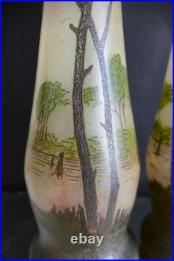 Paire de grand vase émaillé Legras art nouveau à décor paysage lacustre H 40 cm