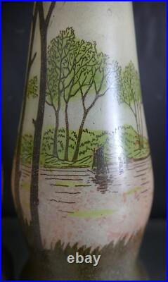 Paire de grand vase émaillé Legras art nouveau à décor paysage lacustre H 40 cm