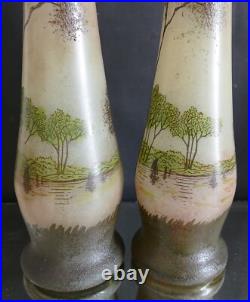 Paire de grand vase émaillé Legras art nouveau à décor paysage lacustre H 40 cm
